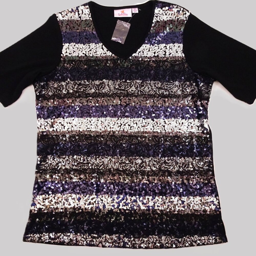 NWT Quacker Factory Sequin Lace t-shirt Medium Black Silver Blue New Year's Eve
